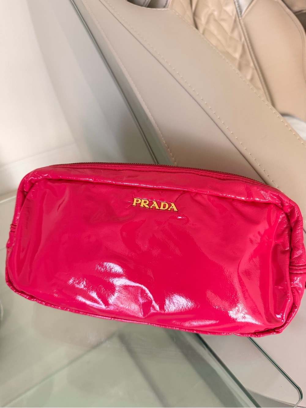 Prada Hot Pink Patent Cosmetic Pouch with Gold Logo